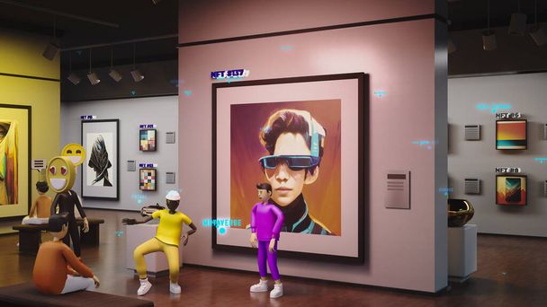 3D render of avatars with emotions icons in futuristic immersive virtual museum. Exhibition of NFT pictures in meta universe. Technologies and innovations. Concept of metaverse, cyberspace - Foto, Imagem