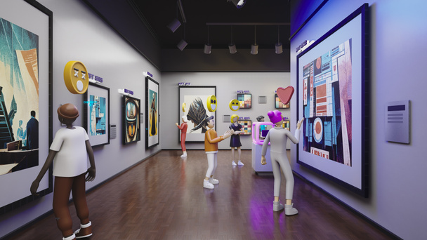 3D render of avatars with emotions icons looking at the NFT pictures in meta universe. Futuristic immersive virtual museum gallery. Technologies of future. Concept of metaverse, cyberspace and digital - 写真・画像