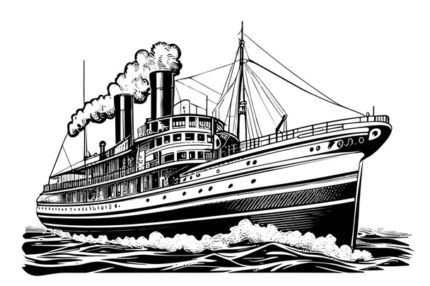 Steamship vintage mão desenhada esboço Vector ilustração transporte - Vetor, Imagem