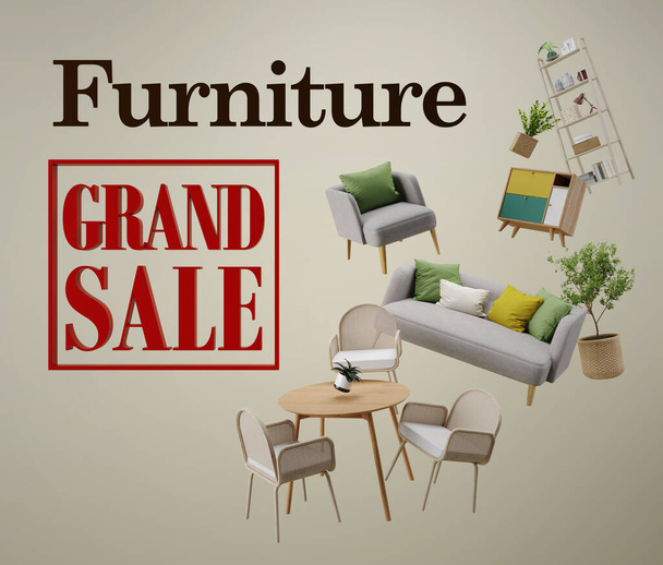 Furniture flying in background.Concept for selling furniture advertisement.3d rendering - Foto, immagini