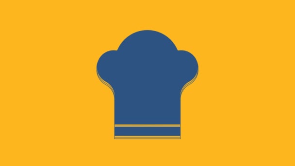 Блакитна піктограма капелюха шеф-кухаря ізольована на помаранчевому фоні. Символ приготування. Кухарський капелюх. 4K Відео рух графічна анімація
 . - Кадри, відео