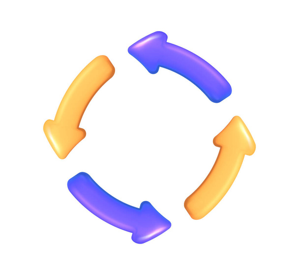 3d icon vector yellow and purple four round cycle arrows. Mesh concept of reload files or information. Round reboot refresh graphic navigation system. - Vecteur, image