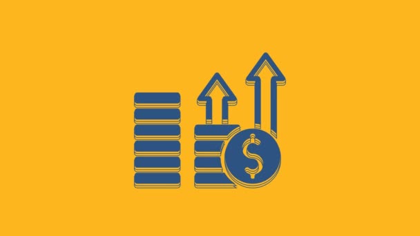 Blauwe Financiële groei en dollar munt pictogram geïsoleerd op oranje achtergrond. Toenemende inkomsten. 4K Video motion grafische animatie . - Video