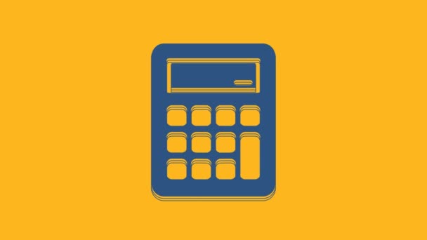 Icona calcolatrice blu isolata su sfondo arancione. Simbolo contabile. Calcoli aziendali educazione matematica e finanza. Animazione grafica 4K Video motion . - Filmati, video