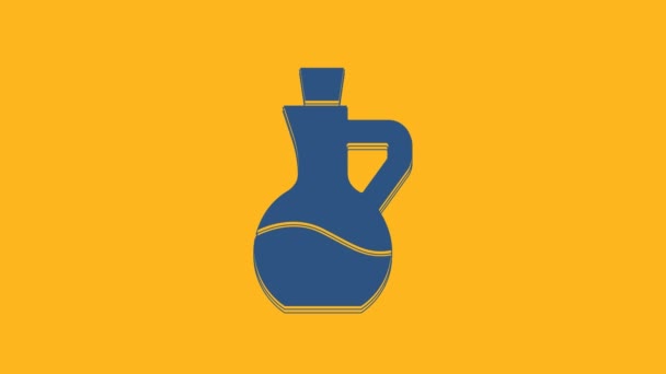 Blauwe fles olijfolie pictogram geïsoleerd op oranje achtergrond. Kan met olijfolie icoon. 4K Video motion grafische animatie . - Video