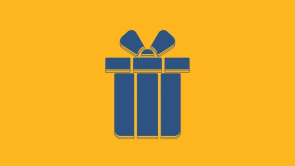 Blue Gift box icoon geïsoleerd op oranje achtergrond. Vrolijk kerstfeest en gelukkig nieuwjaar. 4K Video motion grafische animatie . - Video