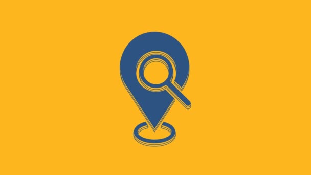 Icono de ubicación de búsqueda azul aislado sobre fondo naranja. Lupa con signo de puntero. Animación gráfica de vídeo 4K . - Metraje, vídeo