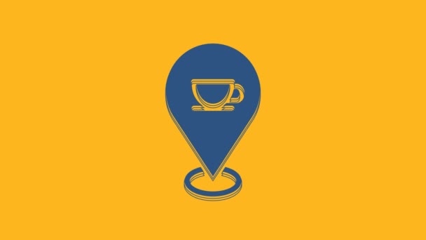 Kék Helyszín kávé csésze ikon elszigetelt narancssárga háttér. 4K Videó mozgás grafikus animáció . - Felvétel, videó