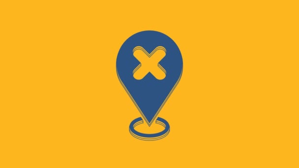 Épinglette de carte bleue avec icône de marque de croix isolée sur fond orange. Navigation, pointeur, emplacement, carte, GPS, direction, lieu, boussole, concept de recherche. Animation graphique de mouvement vidéo 4K . - Séquence, vidéo