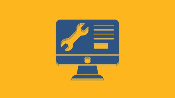Blue Computer monitor with wrench icon isolated on orange background. Adjusting, service, setting, maintenance, repair. 4K Video motion graphic animation . - Video