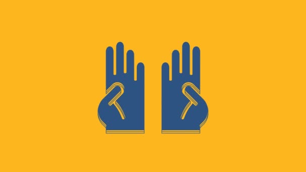 Gants en caoutchouc bleu icône isolée sur fond orange. Signe de protection des mains en latex. Symbole d'équipement de nettoyage ménager. Animation graphique de mouvement vidéo 4K . - Séquence, vidéo