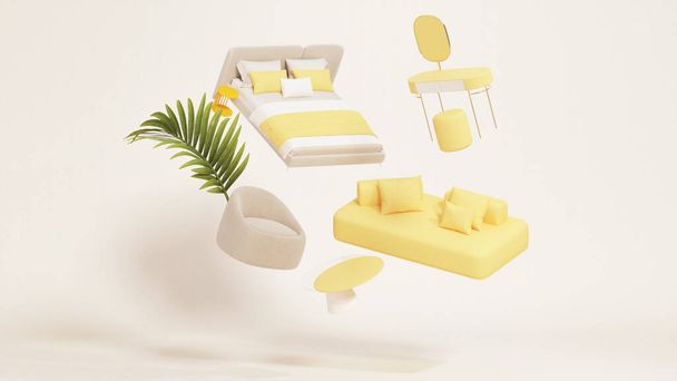 Interior design concept Sale of home decorations and furniture During promotions and discounts, it is surrounded by beds, sofas, armchairs and advertising spaces banner. Pastel background. 3d render - Photo, Image