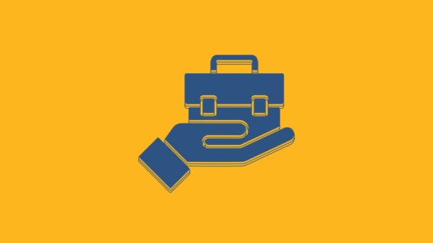 Blue Hand holding briefcase icon isolated on orange background. Insurance concept. Security, safety, protection, protect concept. 4K Video motion graphic animation . - Záběry, video