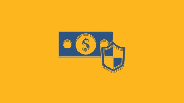 Kék pénz pajzs ikon elszigetelt narancs alapon. Biztosítási koncepció. Biztonság, biztonság, védelem, védelem. 4K Videó mozgás grafikus animáció . - Felvétel, videó