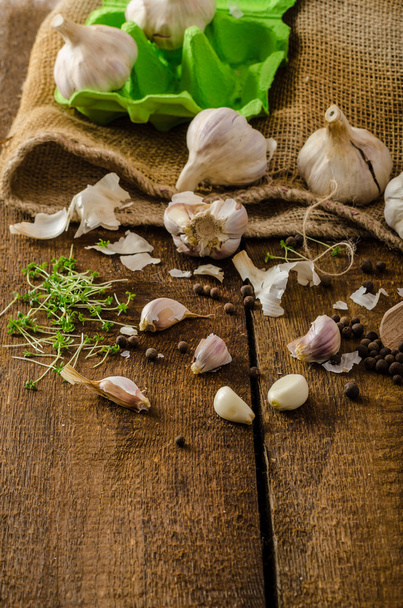 Domestic bio garlic - Czech, spices and fresh microgreens Domestic bio garlic - Фото, изображение