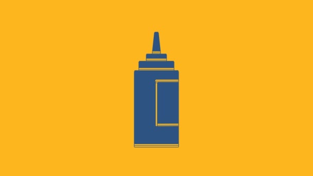 Blue Sauce bottle icon isolated on orange background. Ketchup, mustard and mayonnaise bottles with sauce for fast food. 4K Video motion graphic animation . - Video