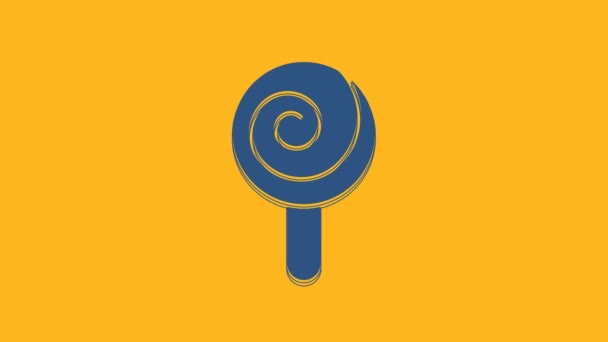 Icono de piruleta azul aislado sobre fondo naranja. Signo de caramelo. Comida, delicioso símbolo. Animación gráfica de vídeo 4K . - Metraje, vídeo