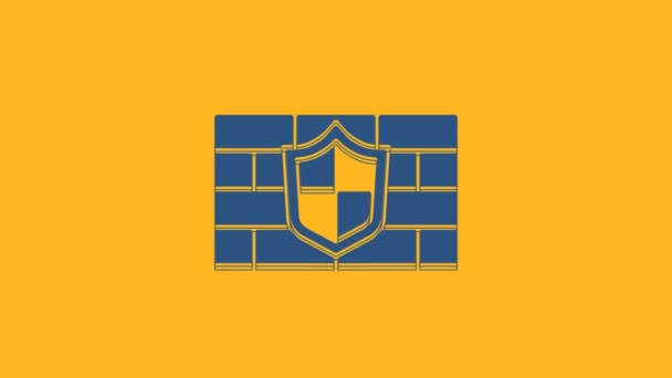 Escudo azul con icono de pared de ladrillo de seguridad cibernética aislado sobre fondo naranja. Símbolo de protección de datos Firewall. Protección de la red. Animación gráfica de vídeo 4K . - Metraje, vídeo