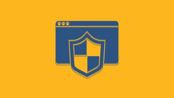 Browser blu con icona a scudo isolata su sfondo arancione. Sicurezza, protezione, protezione, privacy. Animazione grafica 4K Video motion . - Filmati, video