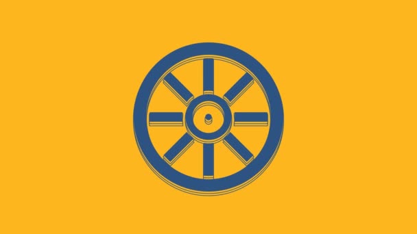 Azul Icono de rueda de madera vieja aislado sobre fondo naranja. Animación gráfica de vídeo 4K . - Metraje, vídeo