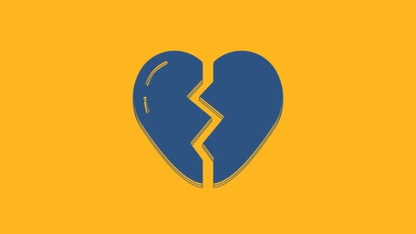 Μπλε ραγισμένη καρδιά ή εικόνα διαζυγίου απομονώνονται σε πορτοκαλί φόντο. Σύμβολο αγάπης. Ημέρα του Αγίου Βαλεντίνου. 4K Γραφική κίνηση κίνησης βίντεο . - Πλάνα, βίντεο