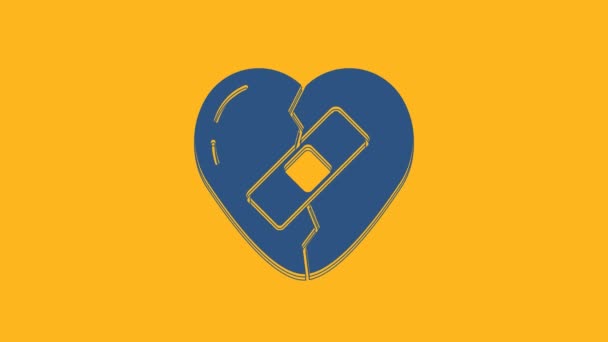 Blue Healed broken heart or divorce icon isolated on orange background. Shattered and patched heart. Love symbol. Valentines day. 4K Video motion graphic animation . - Metraje, vídeo