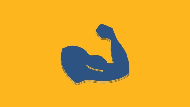 Синий строитель, показывающий свои мышцы на оранжевом фоне. Подходит для фитнеса сила здоровья hobby концепция. Видеографическая анимация 4K . - Кадры, видео