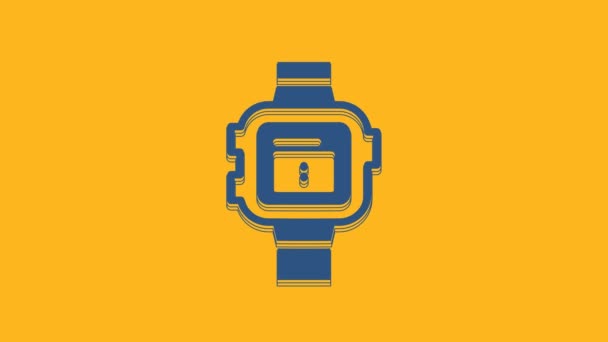 Modré hodinky ikona izolované na oranžovém pozadí. Ikona hodinek. Grafická animace pohybu videa 4K . - Záběry, video