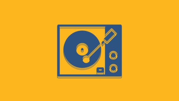 Blauwe Vinyl speler met een vinyl disk icoon geïsoleerd op oranje achtergrond. 4K Video motion grafische animatie . - Video