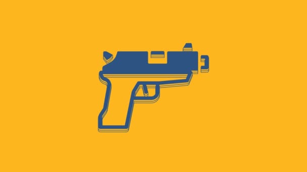 Pistola azul ou ícone de arma isolado no fundo laranja. Polícia ou arma militar. Arma de fogo pequena. Animação gráfica em movimento de vídeo 4K . - Filmagem, Vídeo