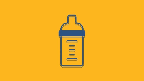 Blue Baby milk in a bottle icon isolated on orange background. Feeding bottle icon. 4K Video motion graphic animation . - Video