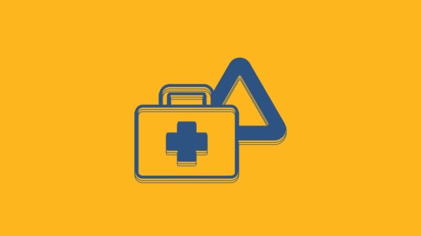 Blue First aid kit and warning triangle icon isolated on orange background. Must be in the car. 4K Video motion graphic animation . - Video