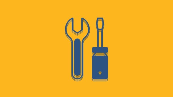 Destornillador azul y llave inglesa herramientas icono aislado sobre fondo naranja. Símbolo herramienta de servicio. Animación gráfica de vídeo 4K . - Metraje, vídeo