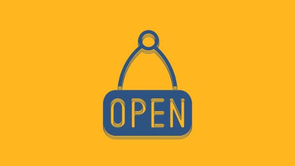 Blue Hanging sign with text Open door icon isolated on orange background. 4K Video motion graphic animation. - Video, Çekim