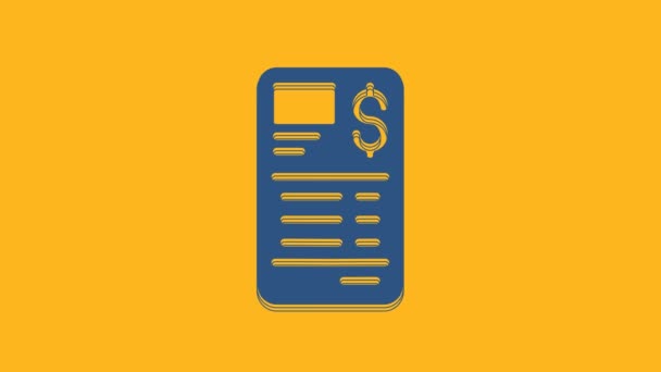 На оранжевому фоні ізольована синя паперова або фінансова ікона. Перевірка паперового друку, квитанція або рахунок. 4K Відеографічна анімація. - Кадри, відео