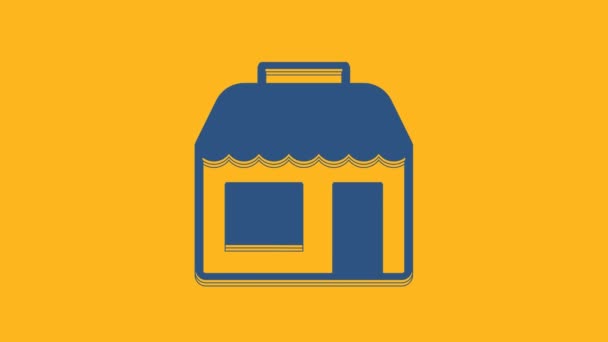 Kék Bevásárlóépület vagy áruház ikon elszigetelt narancs alapon. Műhelyépítés. 4K Videó mozgás grafikus animáció. - Felvétel, videó