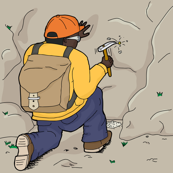 geólogo ajoelhado lascar rocha
 - Vetor, Imagem