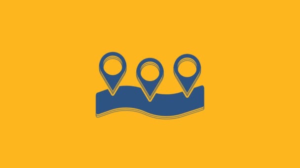 Mappa blu icona pin isolato su sfondo arancione. Navigazione, puntatore, posizione, mappa, GPS, direzione, luogo, bussola, concetto di ricerca. Animazione grafica 4K Video motion. - Filmati, video