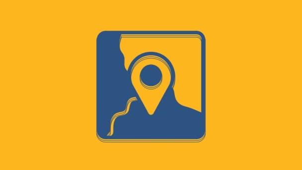 Niebiesko złożona mapa z ikoną znacznika lokalizacji na pomarańczowym tle. 4K Animacja graficzna ruchu wideo. - Materiał filmowy, wideo