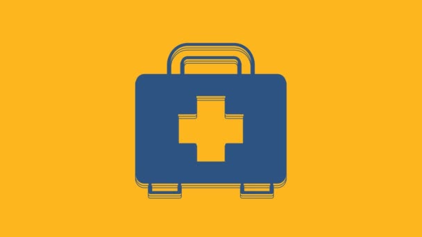 Blue First aid kit icon isolated on orange background. Medical box with cross. Medical equipment for emergency. Healthcare concept. 4K Video motion graphic animation. - Footage, Video