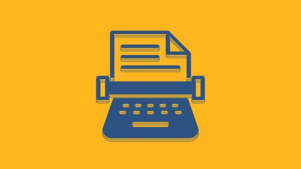 Blue Retro typewriter and paper sheet icon isolated on orange background. 4K Video motion graphic animation. - Video