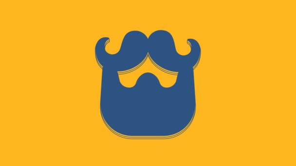 Blue Mustache and beard icon isolated on orange background. Barbershop symbol. Facial hair style. 4K Video motion graphic animation. - Video