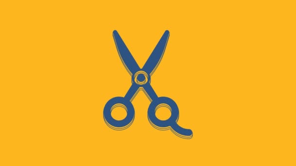 Blue Scissors hairdresser icon isolated on orange background. Hairdresser, fashion salon and barber sign. Barbershop symbol. 4K Video motion graphic animation. - Video, Çekim