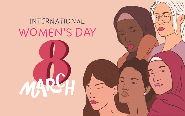 Ομάδα γυναικών με διαφορετικό χρώμα δέρματος, χτένισμα, χείλη. Ημέρα της γυναίκας, 8 Μαρτίου χαιρετισμός φόντο - Διάνυσμα, εικόνα