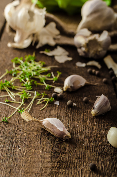 Domestic bio garlic - Czech, spices and fresh microgreens Domestic bio garlic - Foto, Imagem