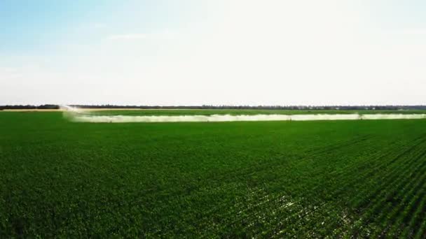 Drone visão aérea tiro do sistema de irrigação aspersor de pistola de chuva no campo de soja agrícola ajuda a cultivar plantas na estação seca, aumenta os rendimentos das culturas - Filmagem, Vídeo
