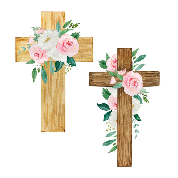 Watercolor crosses decorated with flowers, Easter religious symbol for the design of church holidays - Foto, immagini