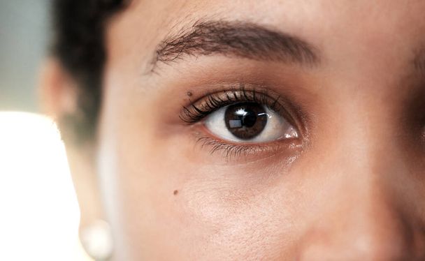 Eyes, vision and eye care with woman and face closeup, contact lens with lashes and eyebrow, focus and optometry Cosmetic, eyesight and female perspective with iris, ophthalmology and health. - Foto, imagen