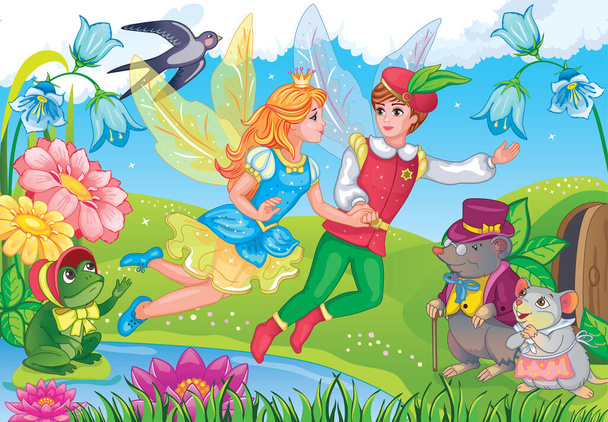 Thumbelina and little prince. Elf Princess. Fairy tale background. Flower meadow and rainbow. Fabulous landscape. Cinderella and magical animals frog, mole and mouse. Wonderland. Children illustration for wallpapers, puzzles. Vector. - Vektor, Bild