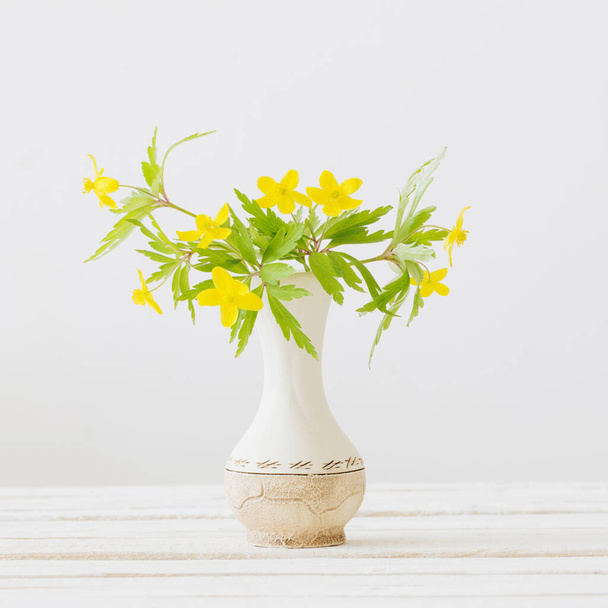 Still life with yellow spring flowers in  vase on white background - Фото, изображение